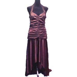 Morgan & Co. Satin High-Low Ruched Halter Dress in Wine